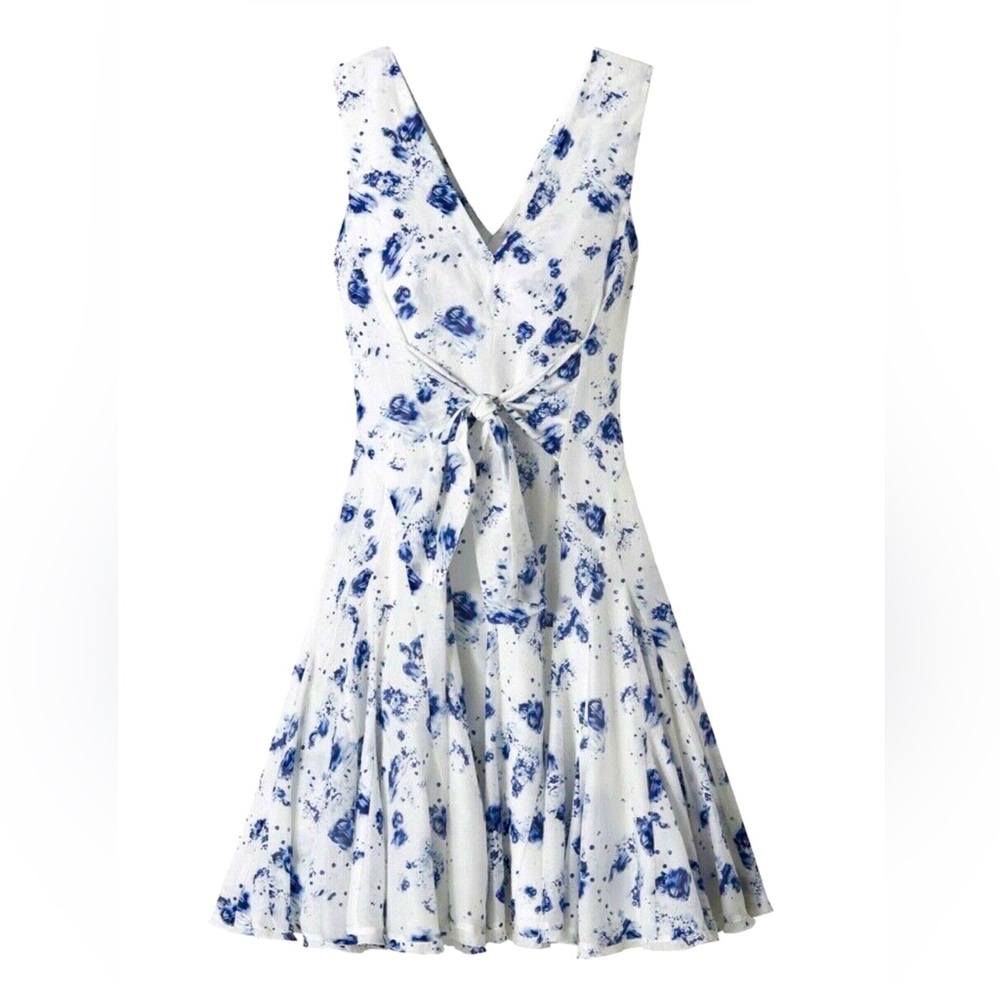 Rebecca Taylor Sleeveless V-neck Tie Waist Floral Mini Dress, Size 8 - Picture 3 of 6
